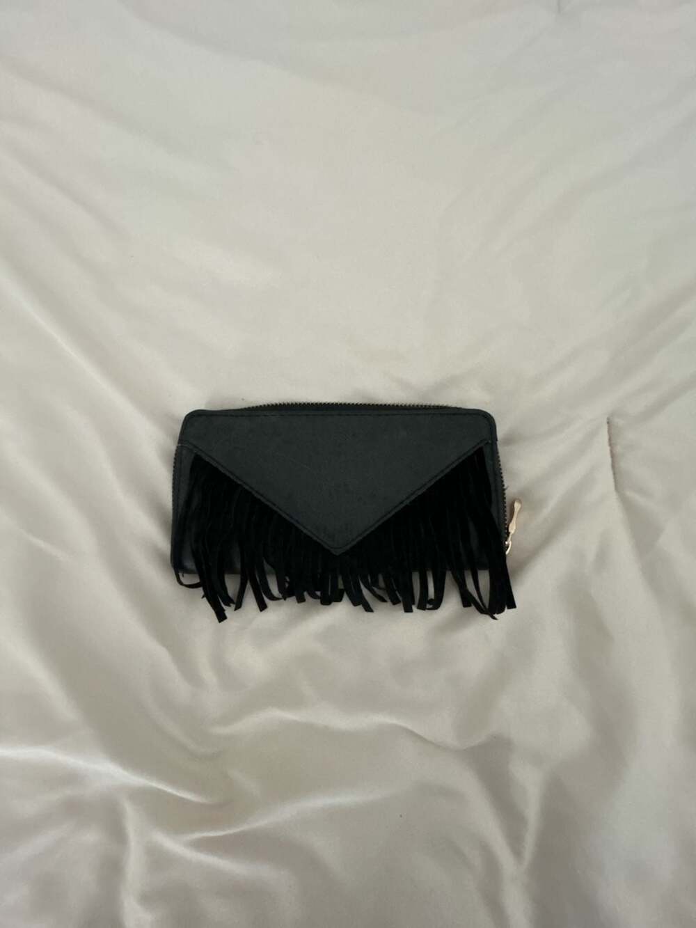 Black Envelope Style Fringe Zip-Around Wallet/ Pouch